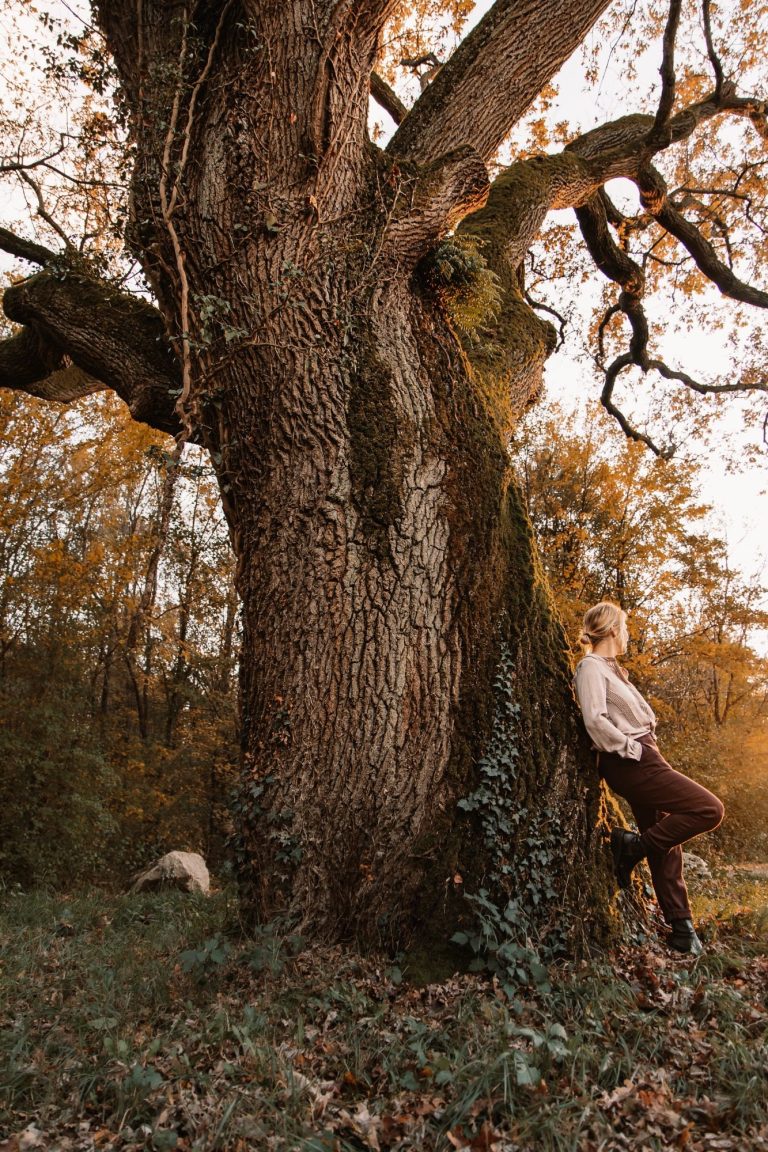 Achtsamkeit, Trauer und Begleitung: Jessica Fettig von achtklang lehnt an einem großen Baum
